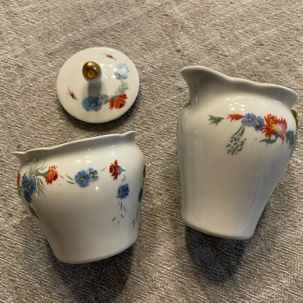 Kahla Floral Ceramic Vintage Sugar & Creamer Set Vintage Gold Rim!